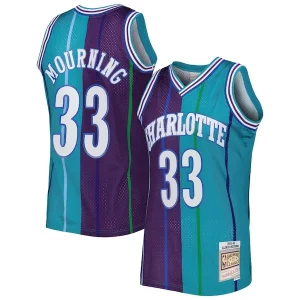 Alonzo Mourning Charlotte Hornets Hardwood Classics 1992/93 Split Swingman Jersey Chic Teal/Purple Ideal for Collectors