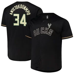 Giannis Antetokounmpo Eye - catching Milwaukee Bucks Profile Big & Tall Name & Number Button Up Jersey Black Ideal for Collectors