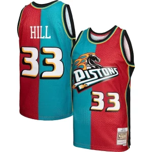 Grant Hill Detroit Pistons Eye - catching Hardwood Classics 1999/00 Split Swingman Jersey Teal/Red Great for Fans