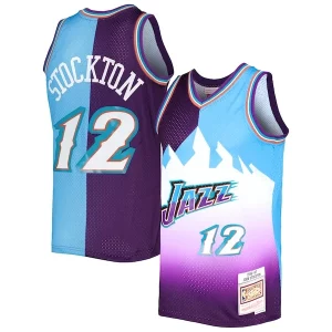 John Stockton Eye - catching Utah Jazz Hardwood Classics 1996/97 Split Swingman Jersey Purple/Turquoise Must - Have for Jerseys Lovers