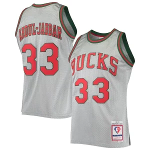 Kareem Abdul Jabbar Milwaukee Bucks 75th Anniversary 1971/72 Hardwood Classics Swingman Unique Jersey Silver for Basketball Enthusiasts